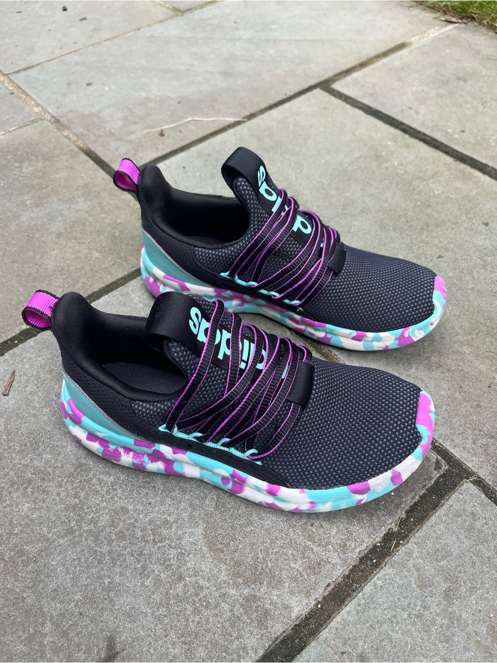 Girls Size 4 Black Athletic Adidas Sneakers with Pink & Teal Accents